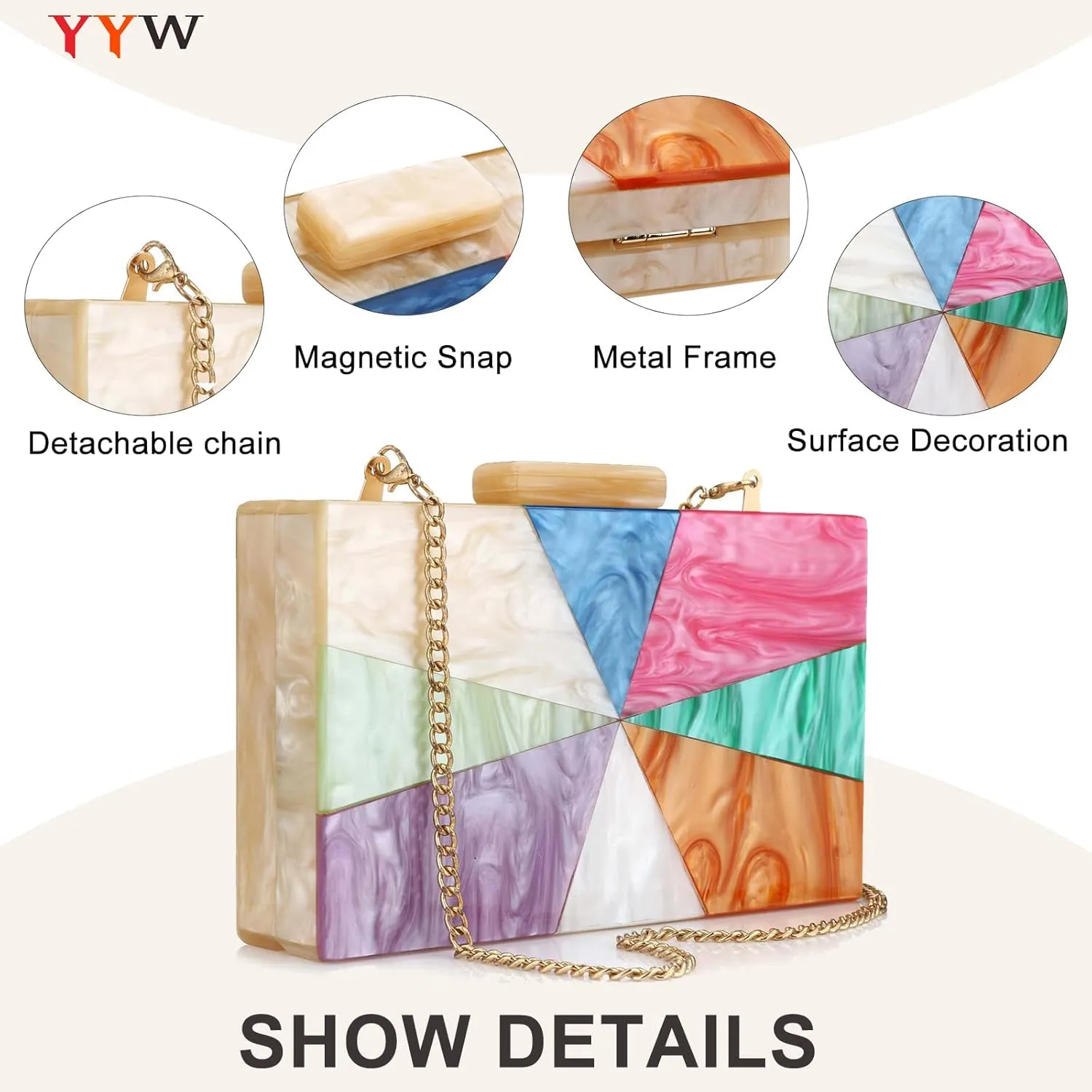 YYW Acrylic Clutch Purses for Women Wedding : Multicolor Evening Crossbody Bag Marbling Handbags with Detachable Chain