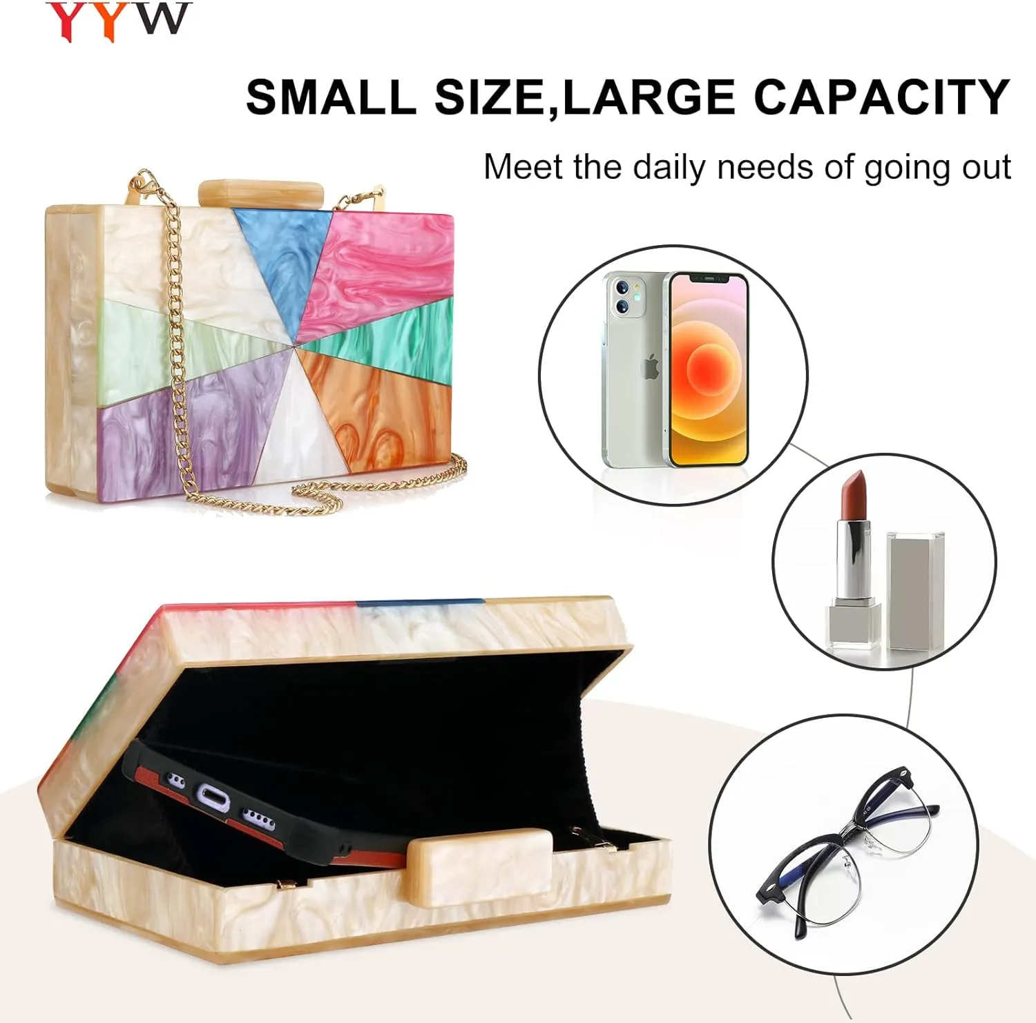 YYW Acrylic Clutch Purses for Women Wedding : Multicolor Evening Crossbody Bag Marbling Handbags with Detachable Chain