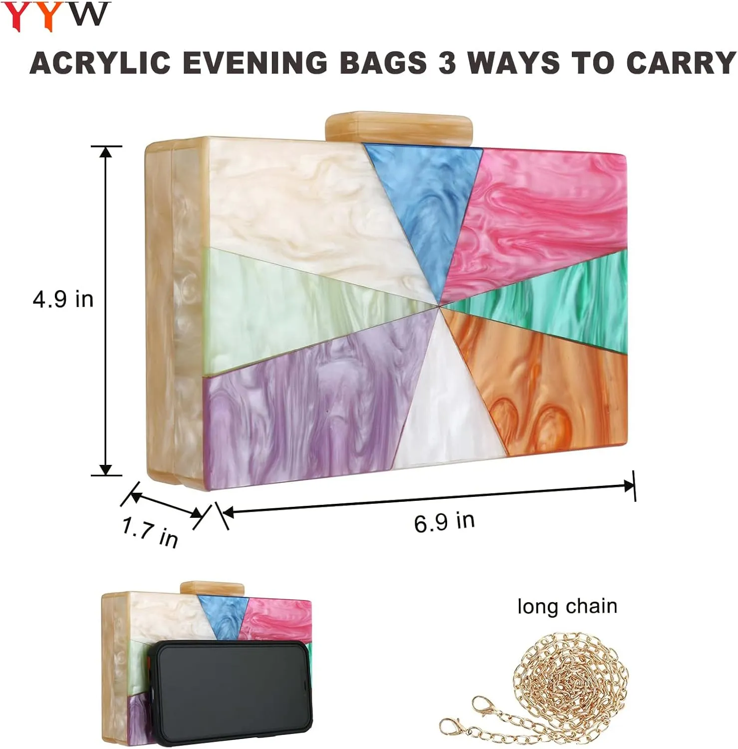 YYW Acrylic Clutch Purses for Women Wedding : Multicolor Evening Crossbody Bag Marbling Handbags with Detachable Chain
