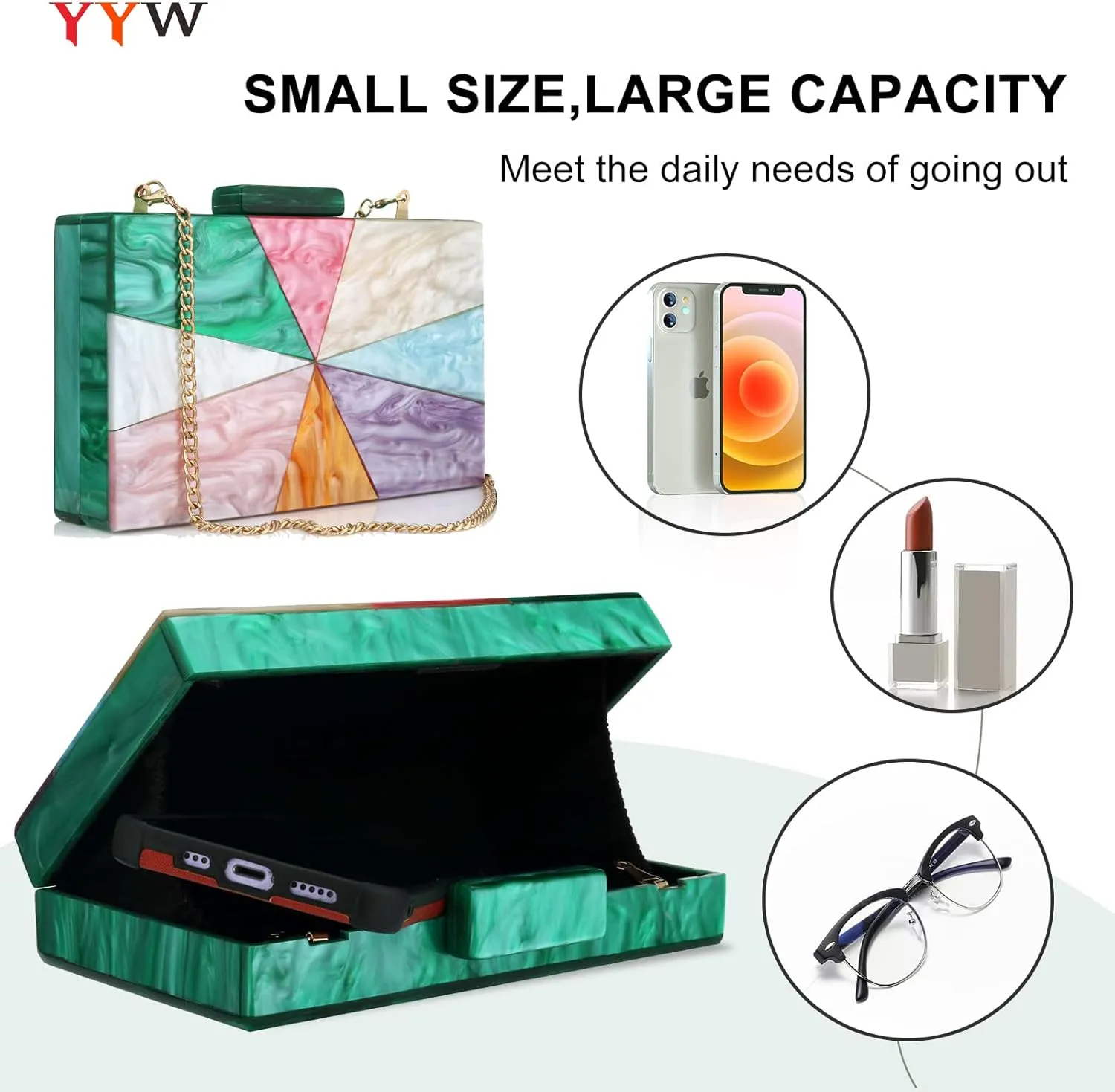YYW Acrylic Clutch Purses for Women Wedding : Multicolor Evening Crossbody Bag Marbling Handbags with Detachable Chain