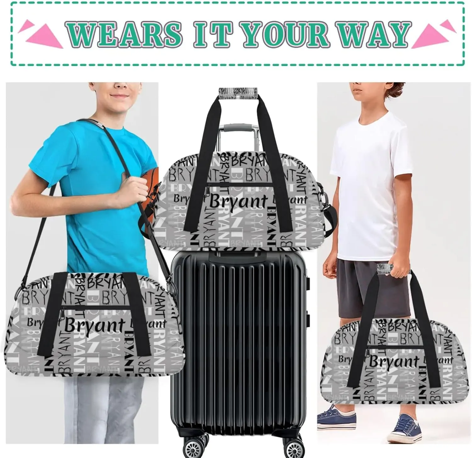 Yzrwebo Custom Name Gym Sport Bag, Personalized Duffel Travel Bag Customized Gymnastics Ballet Dance Bags Small Weekender Overnight Tote Bag for Gifts, Grey Black