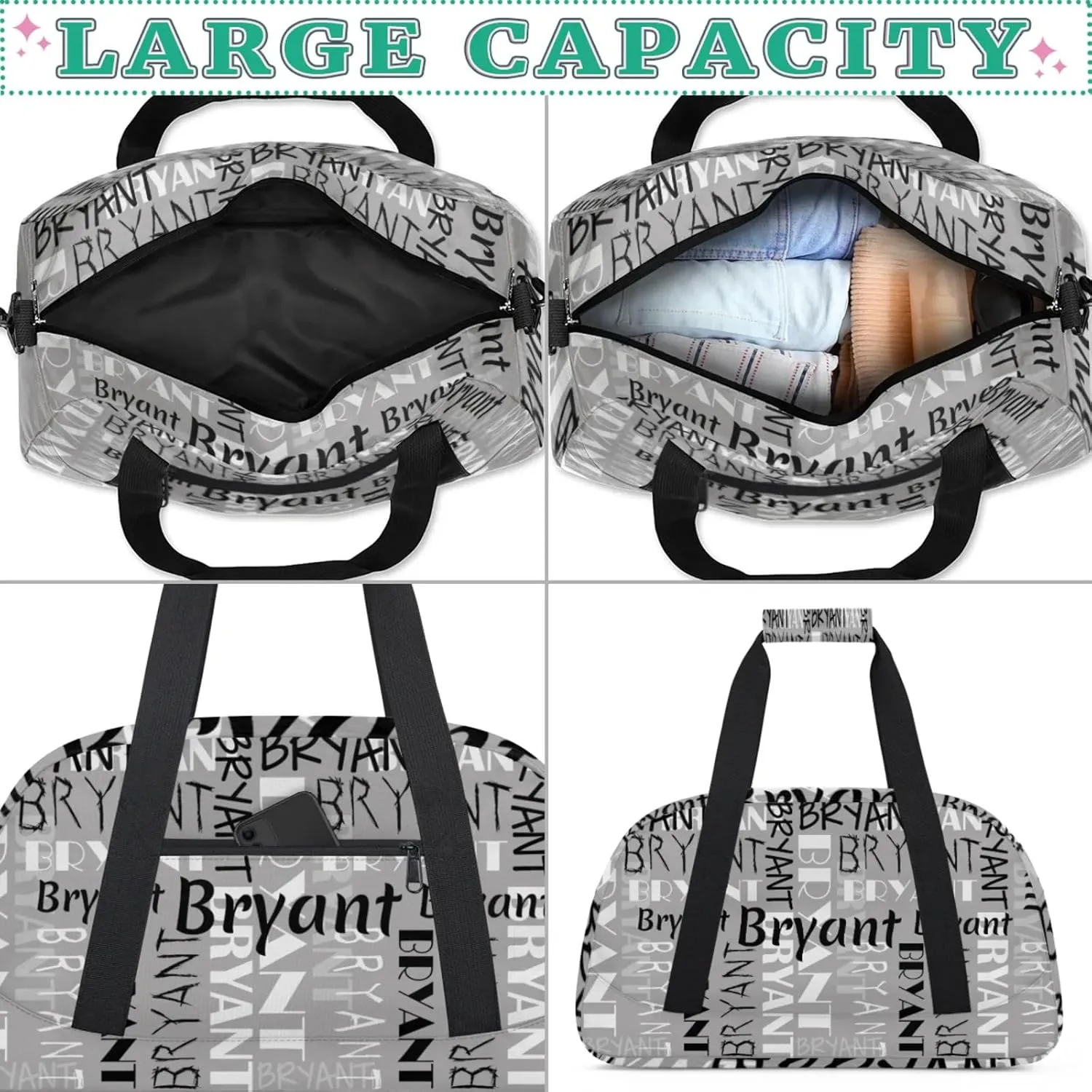 Yzrwebo Custom Name Gym Sport Bag, Personalized Duffel Travel Bag Customized Gymnastics Ballet Dance Bags Small Weekender Overnight Tote Bag for Gifts, Grey Black