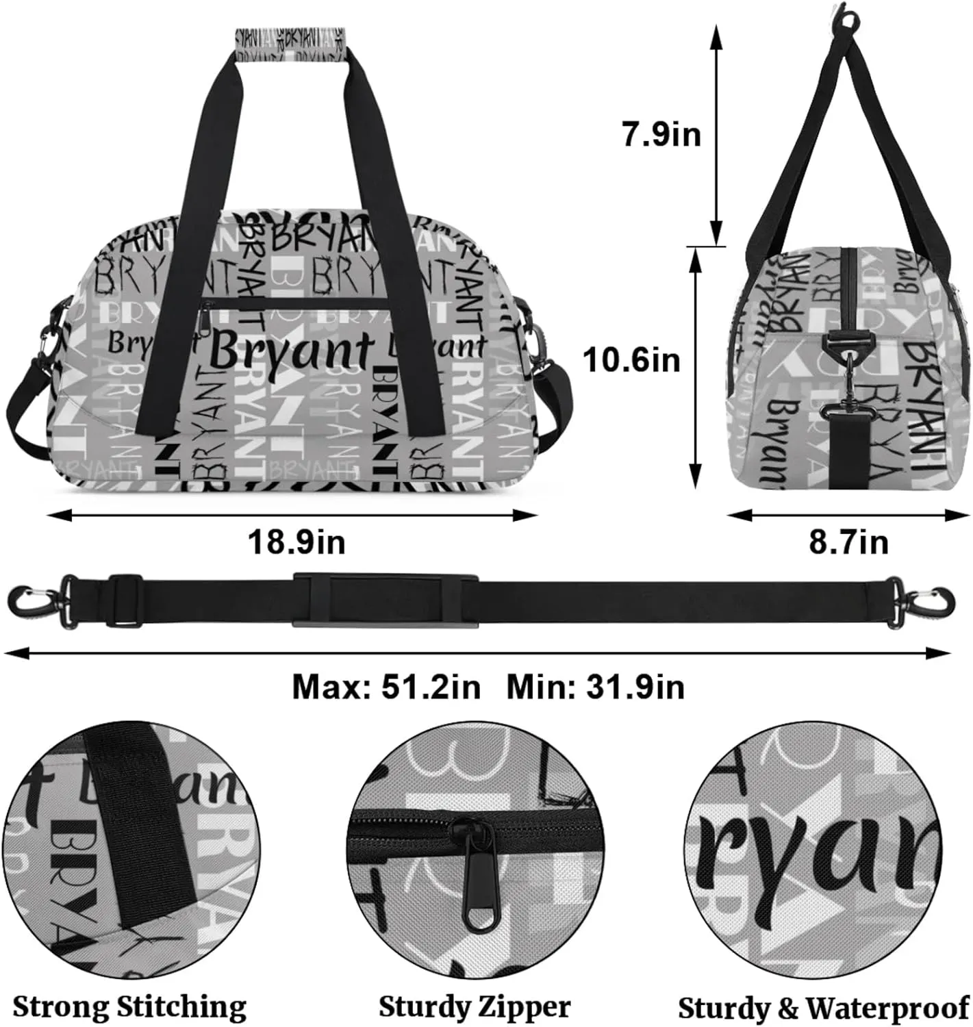 Yzrwebo Custom Name Gym Sport Bag, Personalized Duffel Travel Bag Customized Gymnastics Ballet Dance Bags Small Weekender Overnight Tote Bag for Gifts, Grey Black