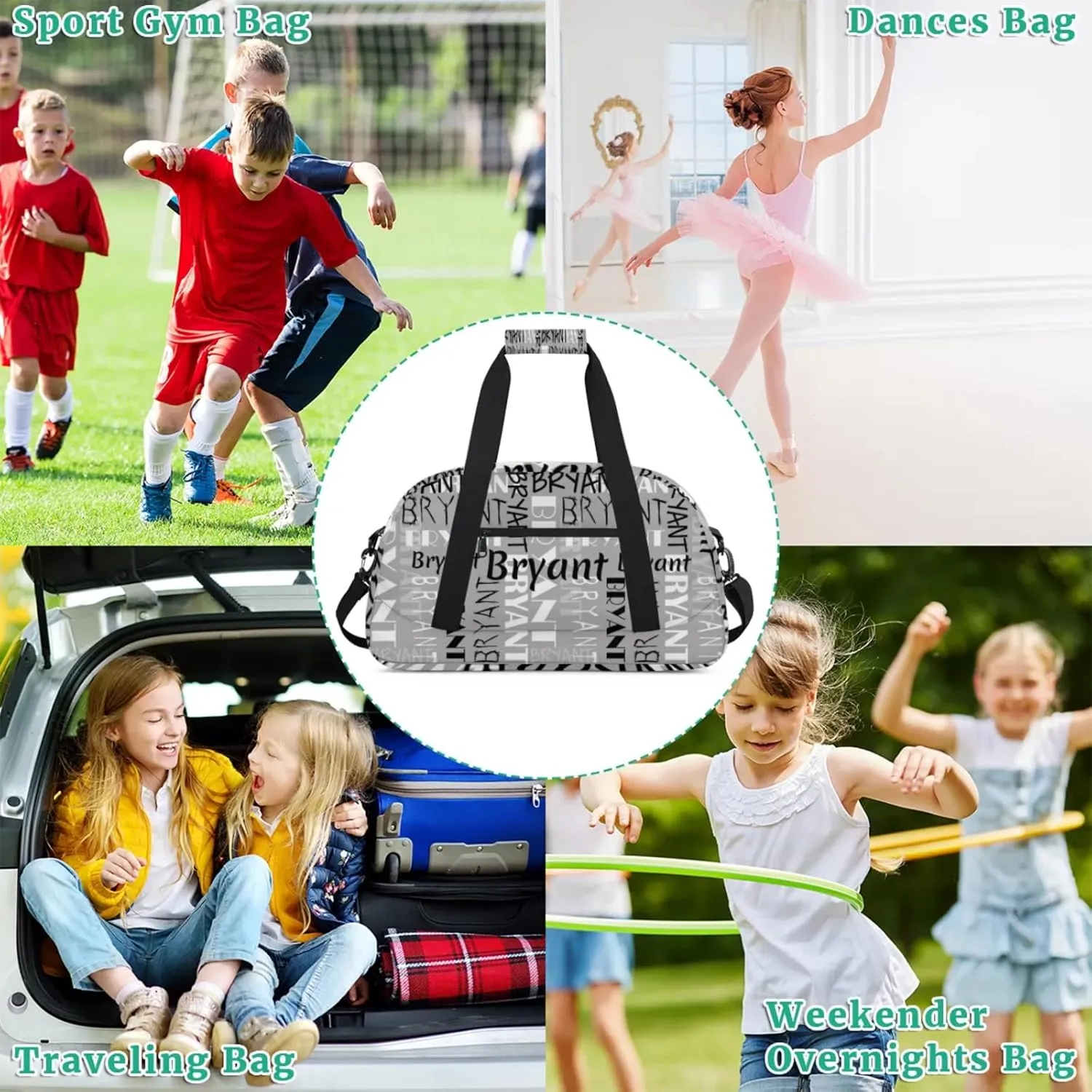 Yzrwebo Custom Name Gym Sport Bag, Personalized Duffel Travel Bag Customized Gymnastics Ballet Dance Bags Small Weekender Overnight Tote Bag for Gifts, Grey Black