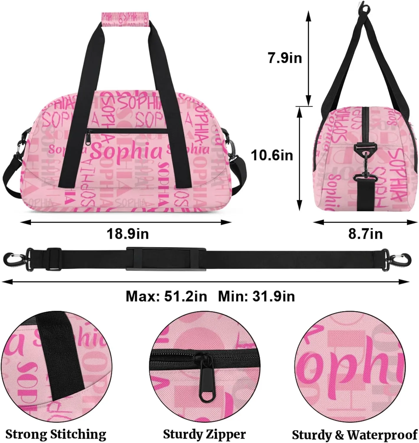 Yzrwebo Custom Name Gym Sport Bag, Personalized Duffel Travel Bag Customized Gymnastics Ballet Dance Bags Small Weekender Overnight Tote Bag for Gifts, Peach Pink