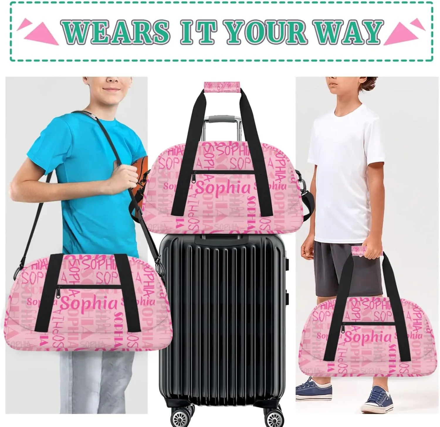 Yzrwebo Custom Name Gym Sport Bag, Personalized Duffel Travel Bag Customized Gymnastics Ballet Dance Bags Small Weekender Overnight Tote Bag for Gifts, Peach Pink