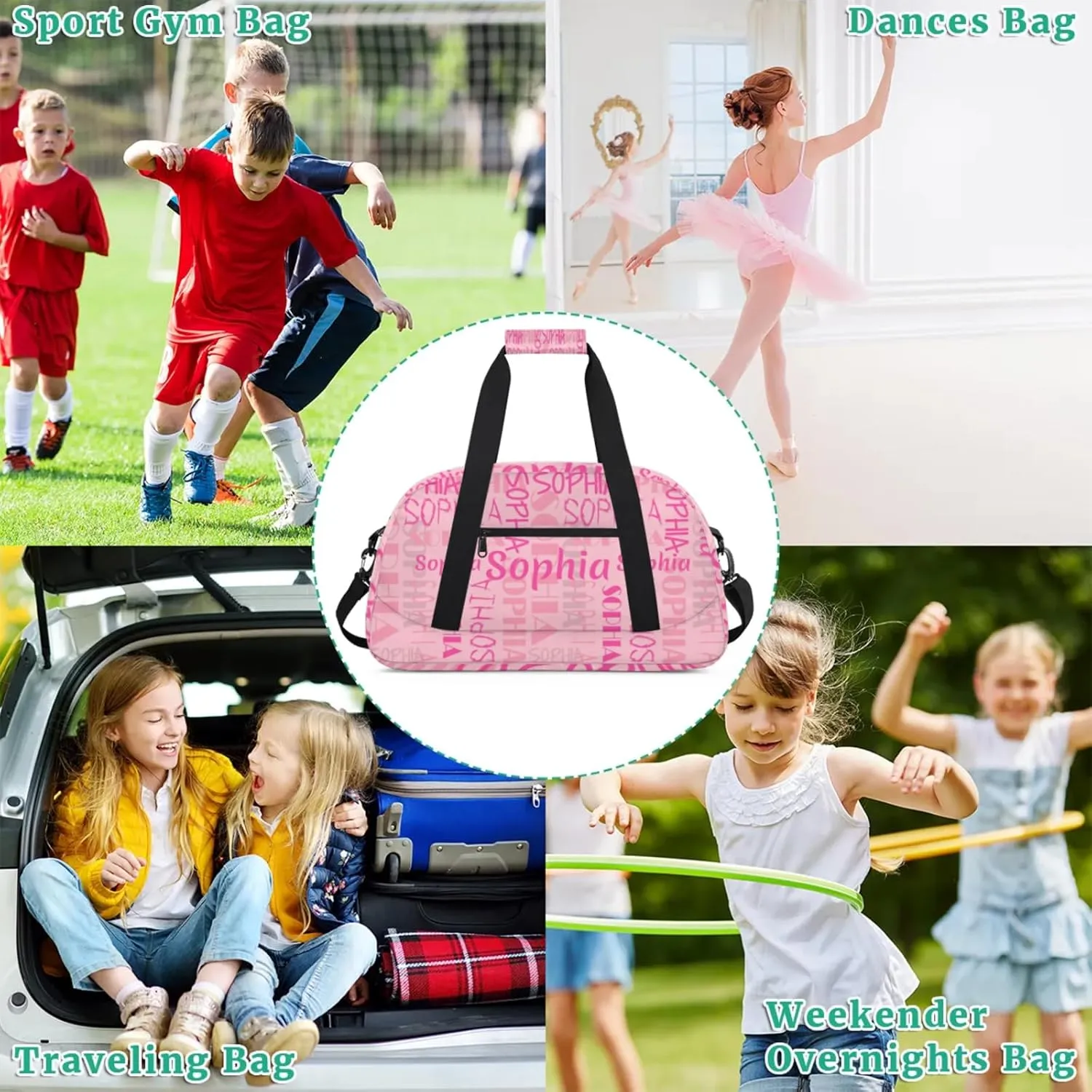 Yzrwebo Custom Name Gym Sport Bag, Personalized Duffel Travel Bag Customized Gymnastics Ballet Dance Bags Small Weekender Overnight Tote Bag for Gifts, Peach Pink