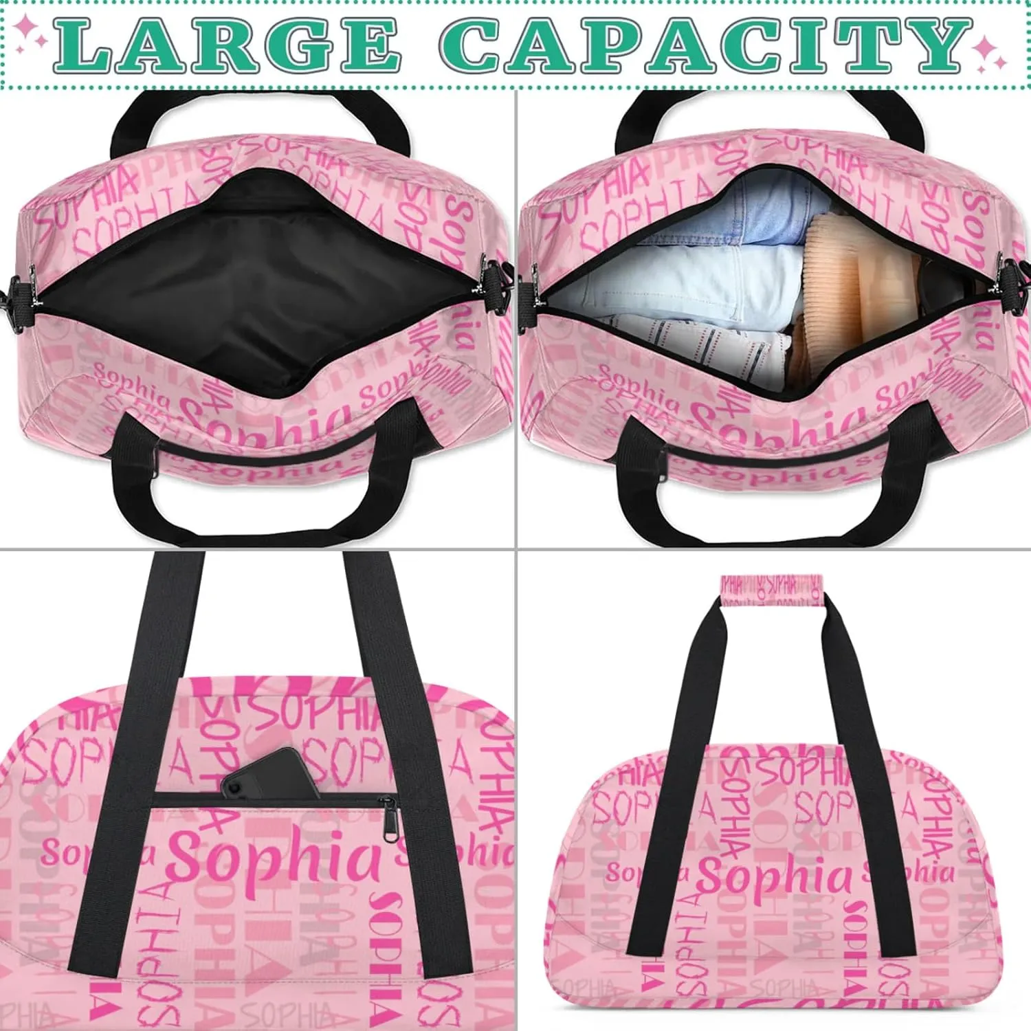 Yzrwebo Custom Name Gym Sport Bag, Personalized Duffel Travel Bag Customized Gymnastics Ballet Dance Bags Small Weekender Overnight Tote Bag for Gifts, Peach Pink