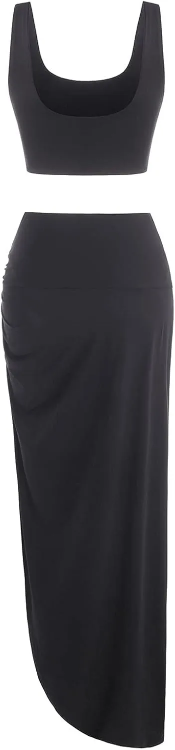 ZAFUL Women's Casual Sleeveless Summer Solid Marled Crop Top and Draped Ruched Maxi Skirt Set Two Piece Dress