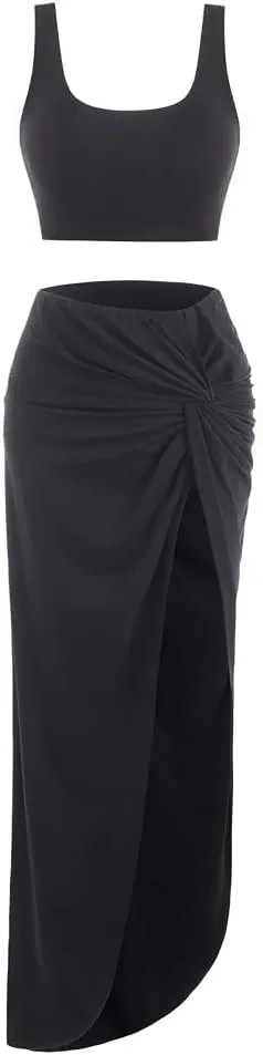 ZAFUL Women's Casual Sleeveless Summer Solid Marled Crop Top and Draped Ruched Maxi Skirt Set Two Piece Dress
