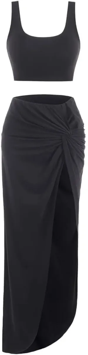 ZAFUL Women's Casual Sleeveless Summer Solid Marled Crop Top and Draped Ruched Maxi Skirt Set Two Piece Dress